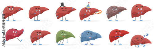 Cute human organ liver cartoon character positive and negative emotions organs set vector illustration.