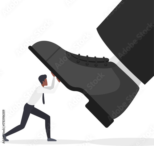 Abuse and attack of giant foot to businessman vector illustration. Cartoon tiny entrepreneur character fighting with strong pressure of boss power, business authority. Punishment, slavery concept