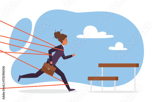 Career obstacle for businesswoman, inequality and sexism vector illustration. Cartoon female employee running towards barrier with perseverance to jump, difficulty of overcoming barricade for woman
