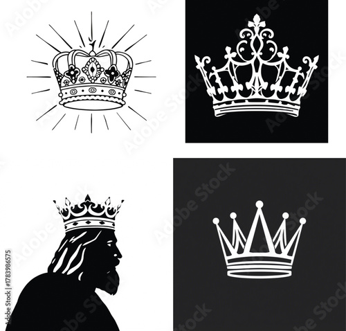 Collection of royal crowns and a king's silhouette in various styles