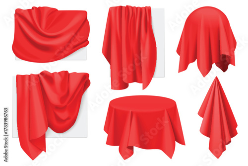 Red fabric covers on objects with drapery set vector illustration. 3D realistic isolated drape in cloth on secret sphere and round table, paintings or advertising frame hidden with satin blanket