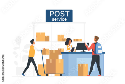 Service in post office vector illustration. Cartoon customer standing at counter with operator to send or receive parcel or correspondence, postal worker pushing trolley with boxes from warehouse