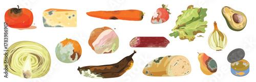 Rotten damaged food set vector illustration. Cartoon isolated bad fruit, vegetables and grocery products spoiled with bacterias and mold, dirty moldy expired food ingredients with poison on skin