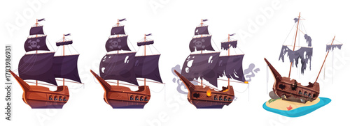 Pirate ship after sea battle, stages of boat damage history set vector illustration. Cartoon isolated vintage wooden corsair caravel, abandoned sailboat with fire, broken sails on mast and deck