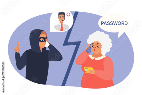 Mobile phone fraud with elderly woman as victim of scam vector illustration. Cartoon scammer talking to senior person to deceive, steal credit card or bank account password, old people trust thief