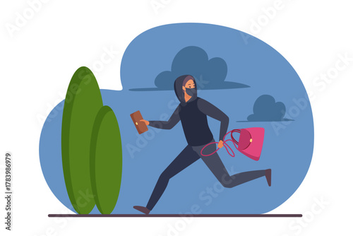 Theft of bag and wallet by thief, robbery vector illustration. Cartoon male robber character running and stealing, bandit in disguise mask or shoplifter holding stolen property or money to steal