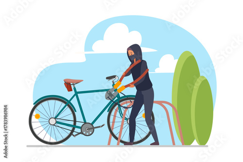 Control and help in solving crimes by facial recognition technology vector illustration. Cartoon male thief stealing bicycle from parking lot, identification of criminals face by CCTV camera on wall