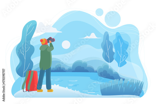 Person standing near snowy lake with backpack and binoculars, observing winter mountains and trees in cold weather, symbolizing hiking, adventure, exploration, and outdoor travel vector illustration