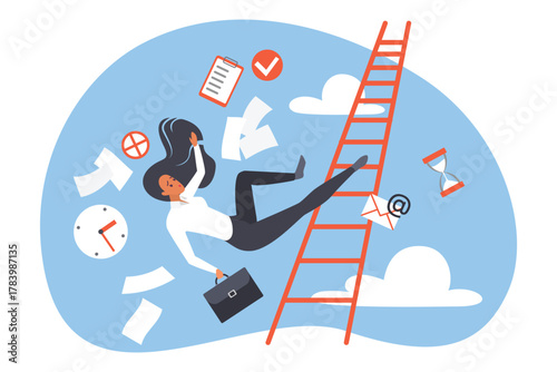 Career failure, fall accident of woman vector illustration. Cartoon female employee character climbing stairs and falling along with clock, business documents from office workplace, loses job