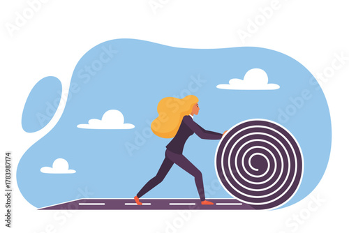 Businesswoman career growth and planning vector illustration. Cartoon woman walking forward, entrepreneur unrolling hard road roll to create own path, make future success, begin new business challenge