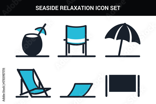 Seaside relaxation line art icon set illustration on a white background
