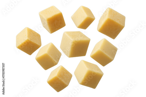 Yellow cheese cubes falling, a healthy and tasty dairy product, perfect for appetizers and snacks, transparent background