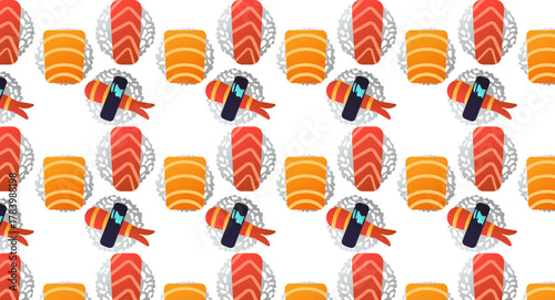 A colorful seamless sushi pattern featuring nigiri and maki rolls with salmon and shrimp. Ideal for packaging design, restaurant branding, wallpapers, and textile prints. Modern Japanese food.