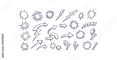 Dynamic comic style graphic elements set featuring starbursts energy lines and emphasis marks