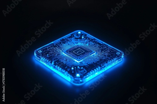 Futuristic glowing blue microchip on dark background