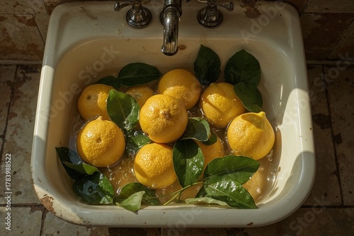 Fresh lemons with green leaves floating in water under sunlight