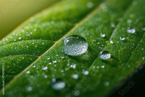 Macro of water droplets on green leaf with natural light