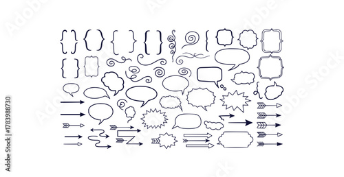 Collection of hand drawn decorative elements including frames brackets speech bubbles and arrows