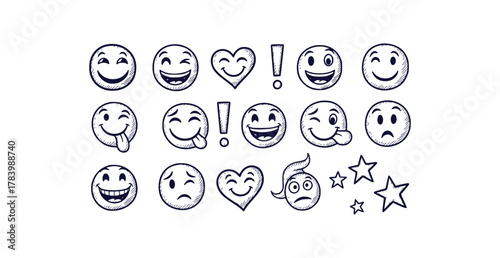 Doodle style emoji and icon collection with expressive faces hearts stars and punctuation marks
