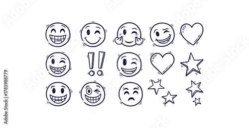 Doodle style emoji icon pack featuring smile faces hearts exclamation marks and stars in outline comic sketch design