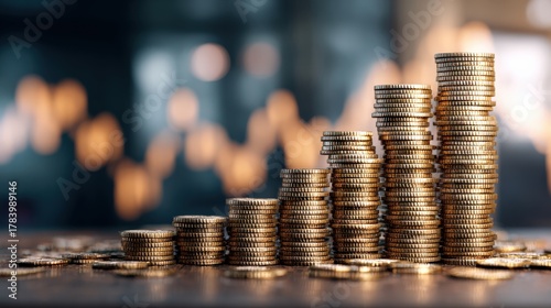Stacks of gold coins rise in a series of steps against a blurred background, suggesting financial growth and prosperity. ..Created with Generative AI, not depicting real subjects.