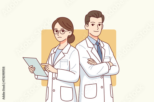 Male and female doctors standing together. Medical professionals, healthcare team, hospital staff concept illustration.
