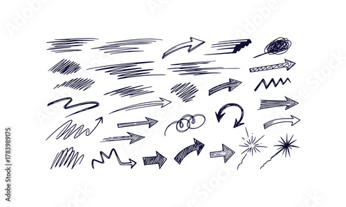 Hand drawn marker doodles set featuring motion lines scribbles arrows and sparks