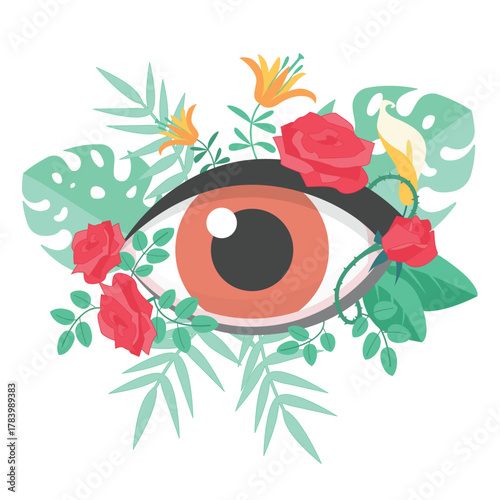 Visual health care, ophthalmology. Human eye with rose flowers branch and green plants, vision correction and healthcare, organ of sight with summer floral decoration cartoon vector illustration