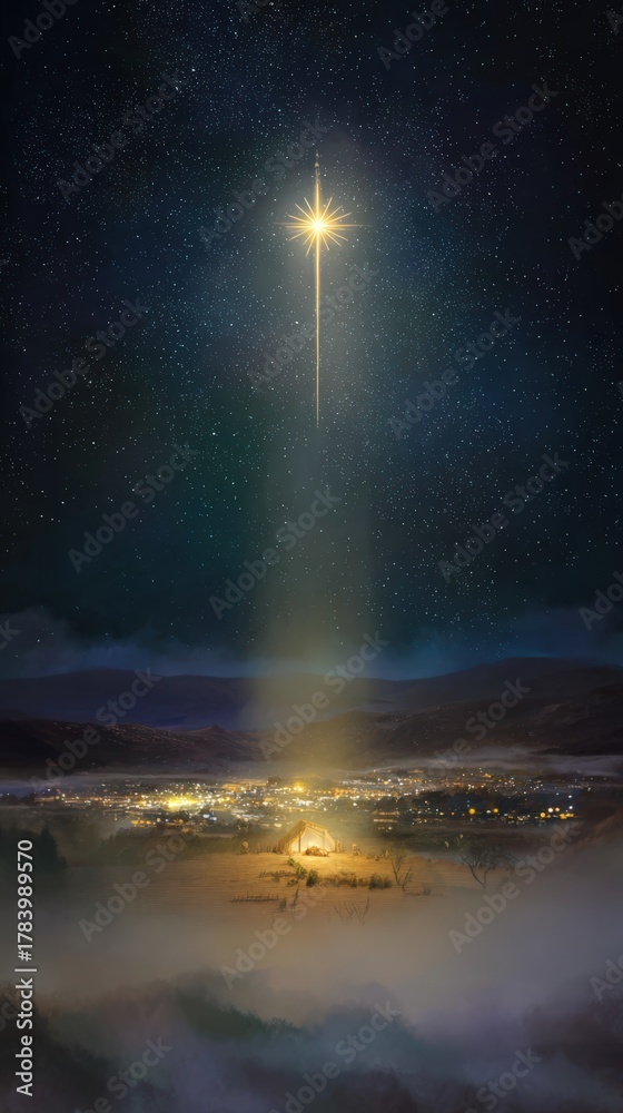 Obraz premium A celestial star illuminates the night sky, casting a radiant beam down through the clouds, evoking feelings of wonder and celestial beauty. ..Created with Generative AI, not depicting real subjects.