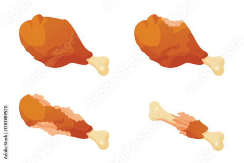 Eaten chicken leg set, sequence game animation. Animated stages of eating whole fried drumstick with crispy skin, motion steps of bitten thigh to bone with small pieces cartoon vector illustration