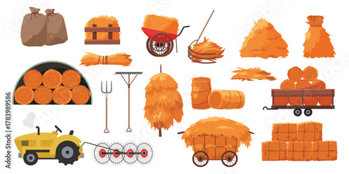 Collection, storage and transportation of dry hay and straw set. Haystacks of wheat or grass crop of round and square shape, hayloft and pitchfork, tractor and wheelbarrow cartoon vector illustration