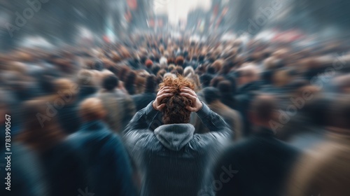 In a busy urban area, a person stands with hands on their head, surrounded by a sea of people. The atmosphere feels hectic and chaotic as the crowd moves in various directions.