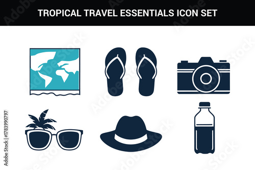 Tropical travel essentials line art icon set illustration on a white background
