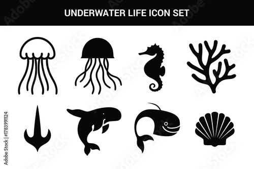 Underwater life line art icon set illustration on a white background
