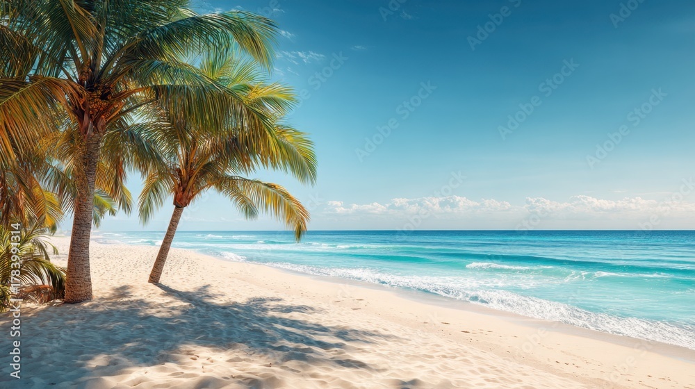 Obraz premium A serene beach with golden sand and tall palm trees swaying in the breeze. The clear blue ocean expands to the horizon under a bright sky on a pleasant day.