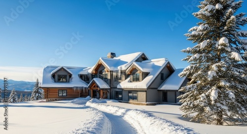 Luxury mountain home in a winter wonderland. Modern rustic chalet architecture with snow covered roof. Exclusive real estate property for upscale living. Ski resort vacation rental