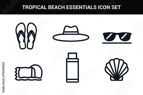 Tropical beach essentials line art icon set illustration on a white background
