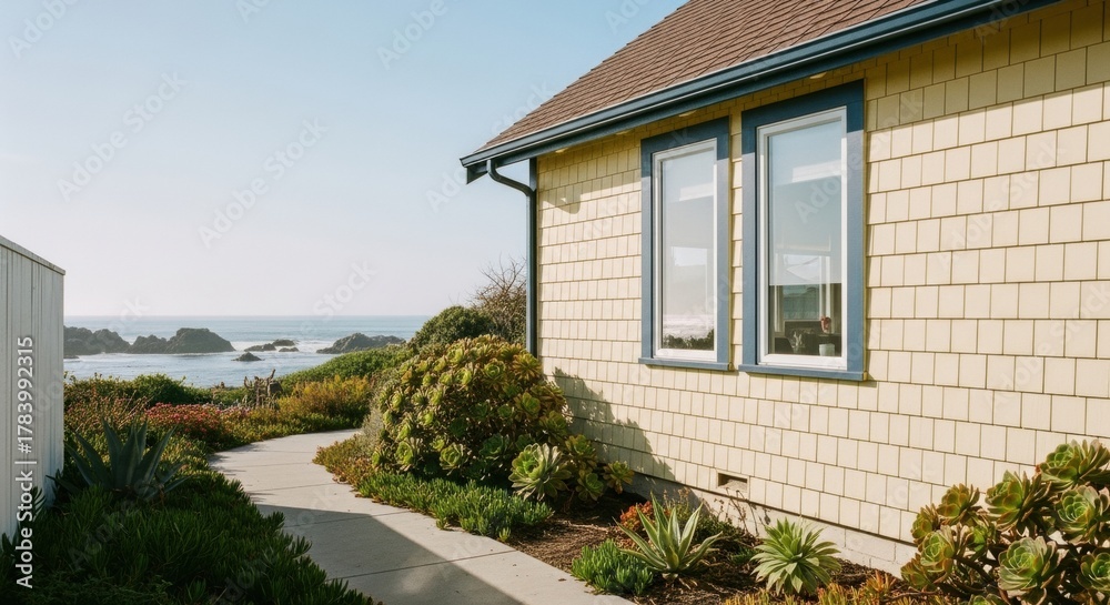 Fototapeta premium Coastal home exterior with yellow shingle siding. Seaside property with a succulent garden path. Real estate investment and vacation rental concept. Peaceful coastal living