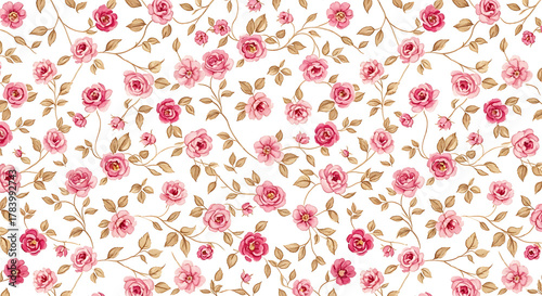 Vintage English rose pattern with pink and fuchsia blooms, brown foliage on antique white, romantic cottage style watercolor floral wallpaper design