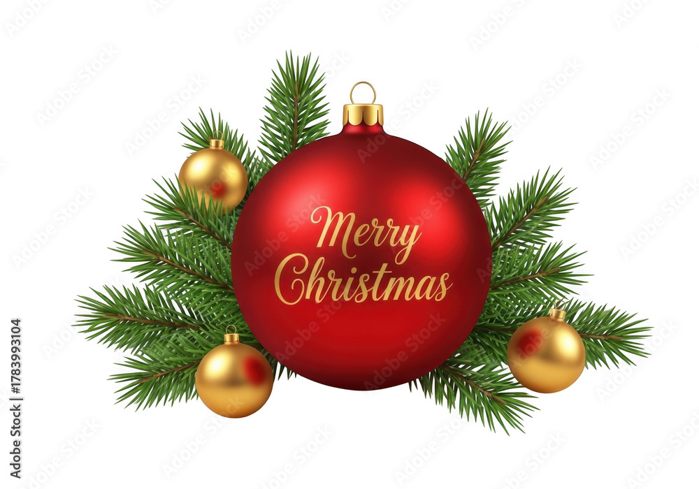Obraz premium Merry christmas red ornament and festive pine branches isolated on transparent background