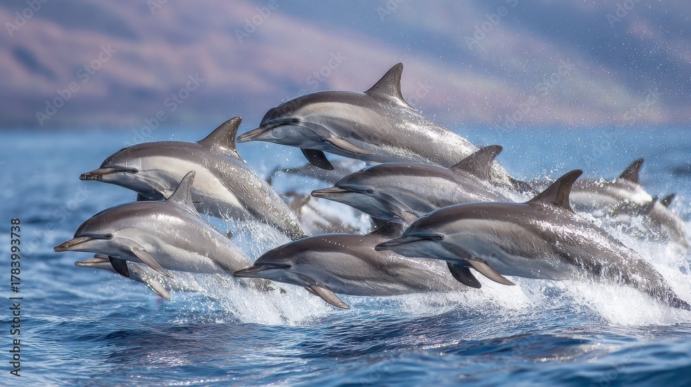 Fototapeta premium A group of dolphins skillfully jumps out of the clear blue water, creating splashes as they enjoy their playful day. The sun shines brightly above them, highlighting their sleek bodies.