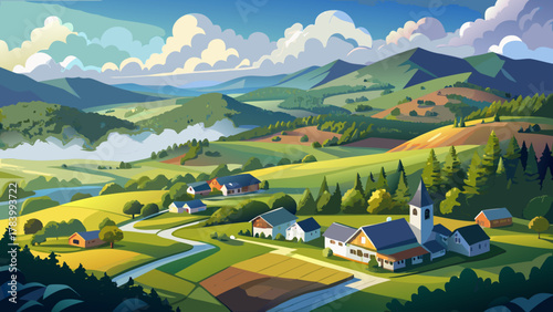 Very beautiful aerial view of Egremont, Massachusetts, USA, featuring a small valley draped in clouds after the rain, with lush green hills, misty atmosphere, and a realistic serene New England landsc