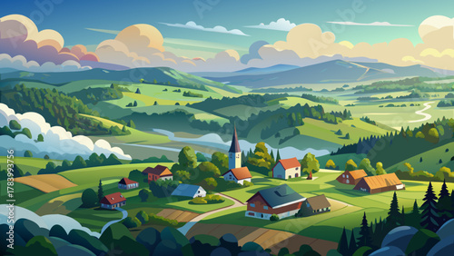 Very beautiful aerial view of Egremont, Massachusetts, USA, featuring a small valley draped in clouds after the rain, with lush green hills, misty atmosphere, and a realistic serene New England landsc