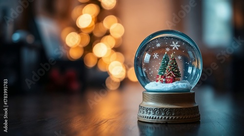 Christmas snow globe decoration on a desk 