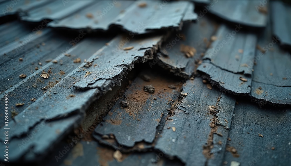 Fototapeta premium Close-up of damaged weathered shingle roof with extensive deterioration, cracks, broken tiles. Old house top needs urgent repair, maintenance. Property neglect leads to potential water leak problems