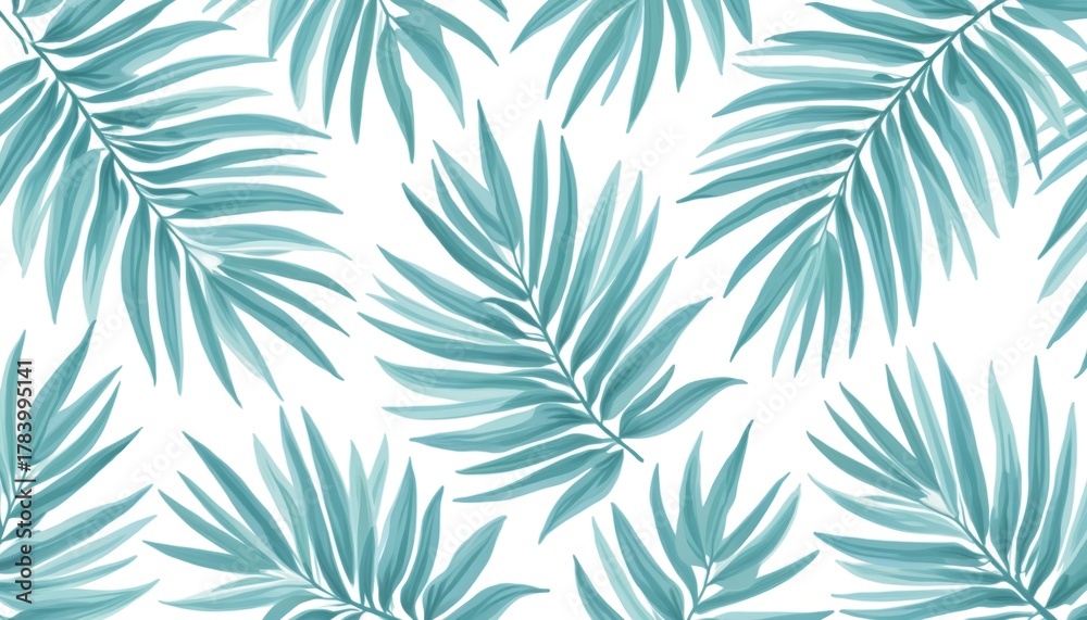 Fototapeta premium Blue palm leaves repeat in a natural pattern. This simple tropical design works for backgrounds or decor. It suggests a vacation or summer theme. Use for fabrics or wall art.