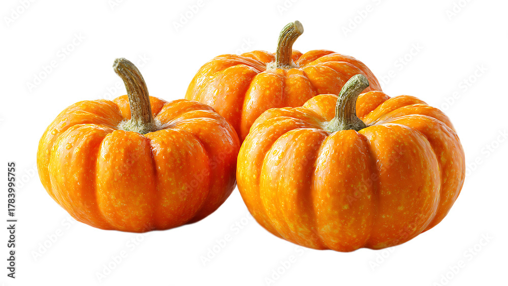 Obraz premium A vibrant display of three orange pumpkins with stems against a dark isolated background scene view