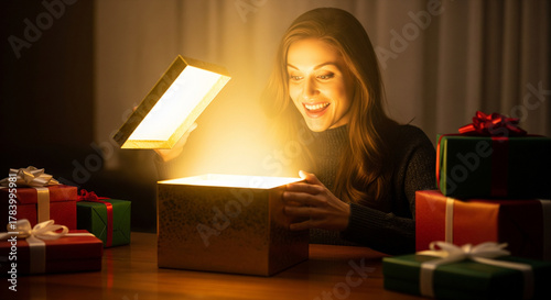 young woman is opening a gift box with a light on the box