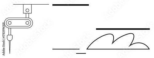 Sewing machine arm crafting stitched textile pattern with precision movements. Ideal for technology, automation, textile industry, fashion, manufacturing, craftsmanship, creative tools. Flat simple