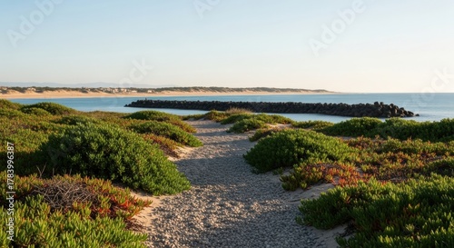 Wallpaper Mural A gravel path through coastal sand dunes with green vegetation. Seaside landscape with a rock breakwater and calm blue ocean. Summer travel destination for vacation and relaxation Torontodigital.ca
